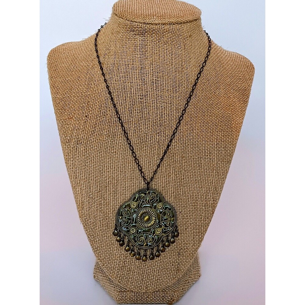 Bronze Tone Green Enamel Bohemian Medallion Pendant Necklace 16-19 in
